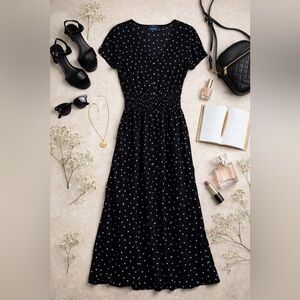ModCloth polka Dot Midi Dress Button Front Elastic Waist Feminine Classic